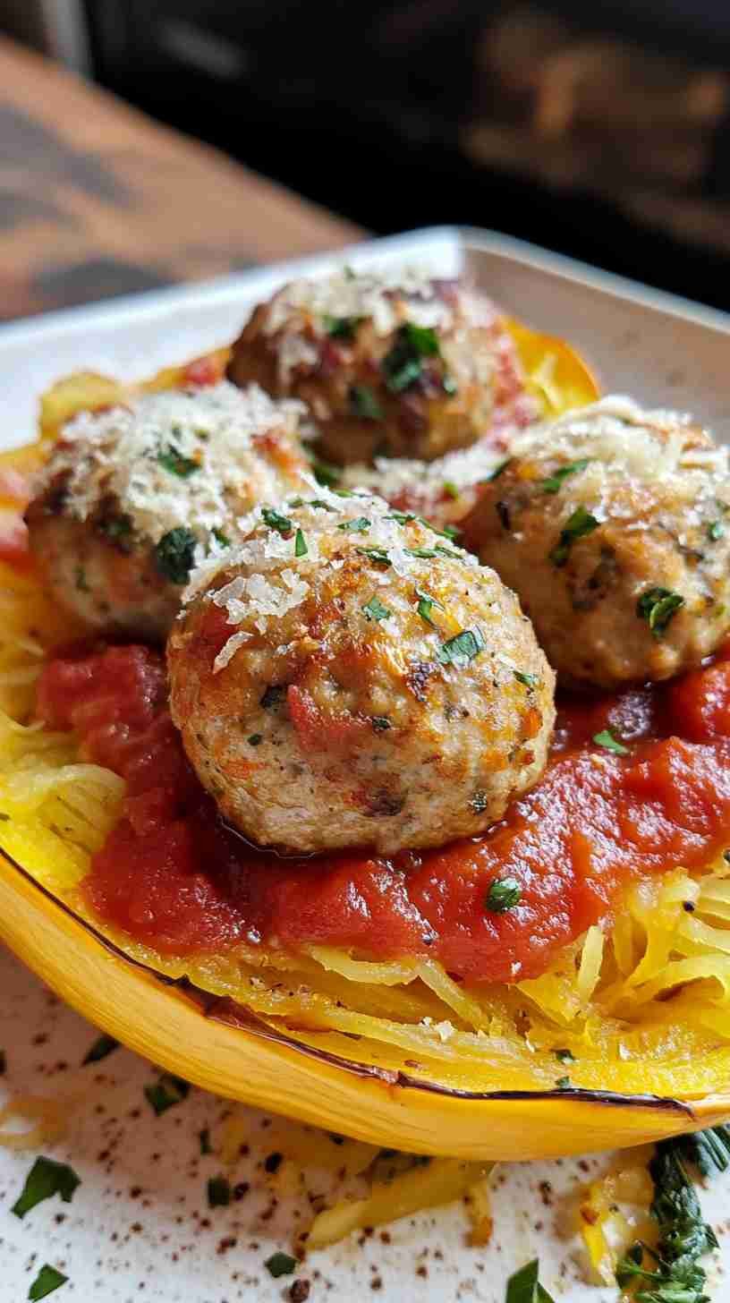 Spaghetti Squash with Turkey Meatballs and Tomato Sauce