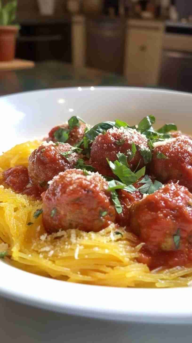 Spaghetti Squash with Turkey Meatballs and Tomato Sauce