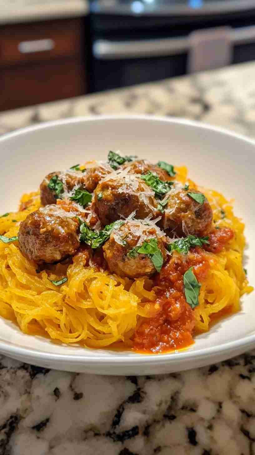Spaghetti Squash with Turkey Meatballs and Tomato Sauce