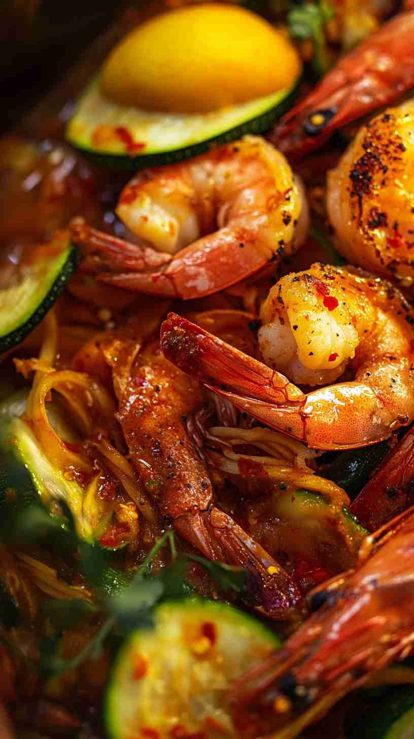 Spicy Zucchini Noodles with Grilled Shrimp