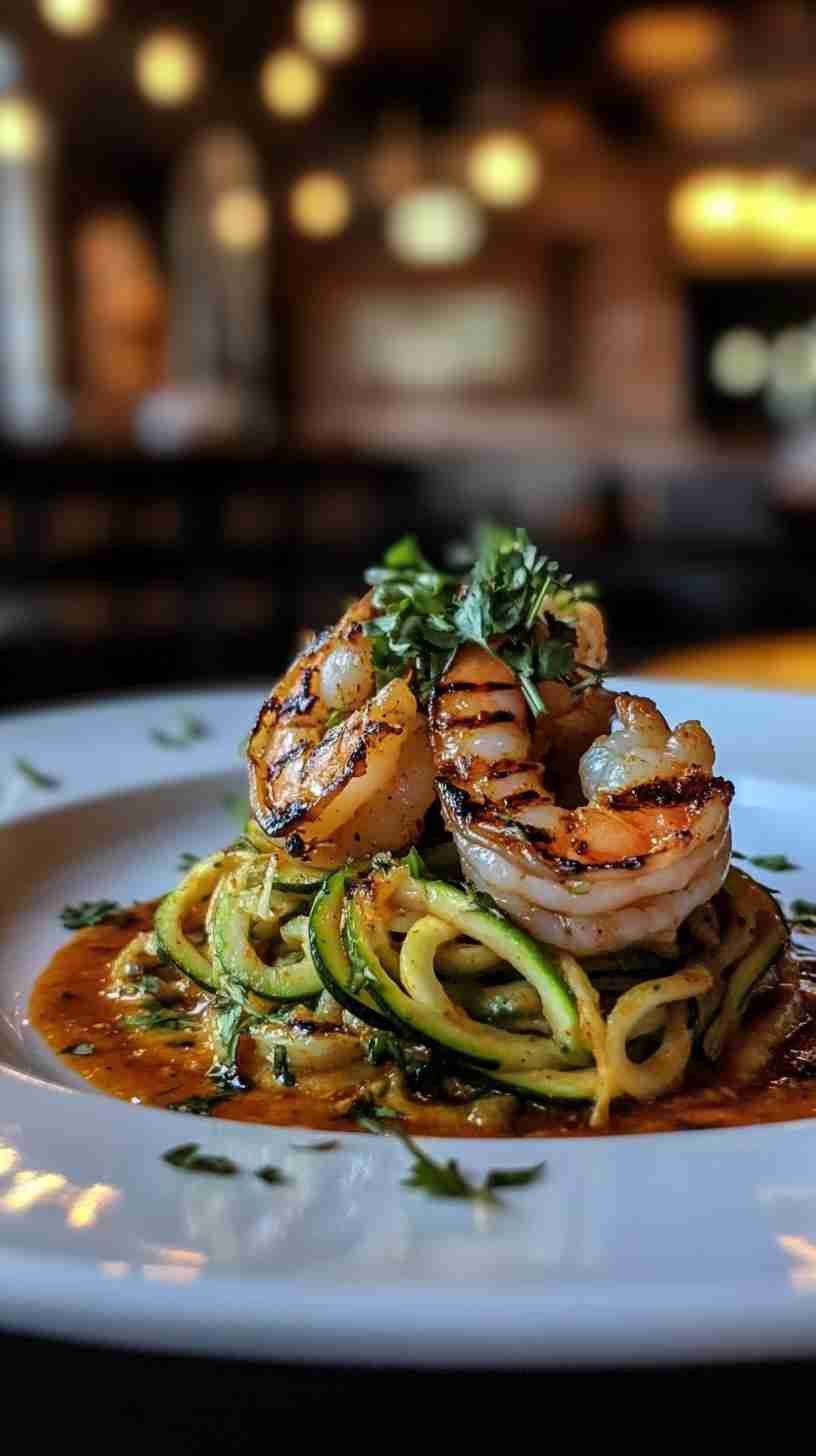 Spicy Zucchini Noodles with Grilled Shrimp