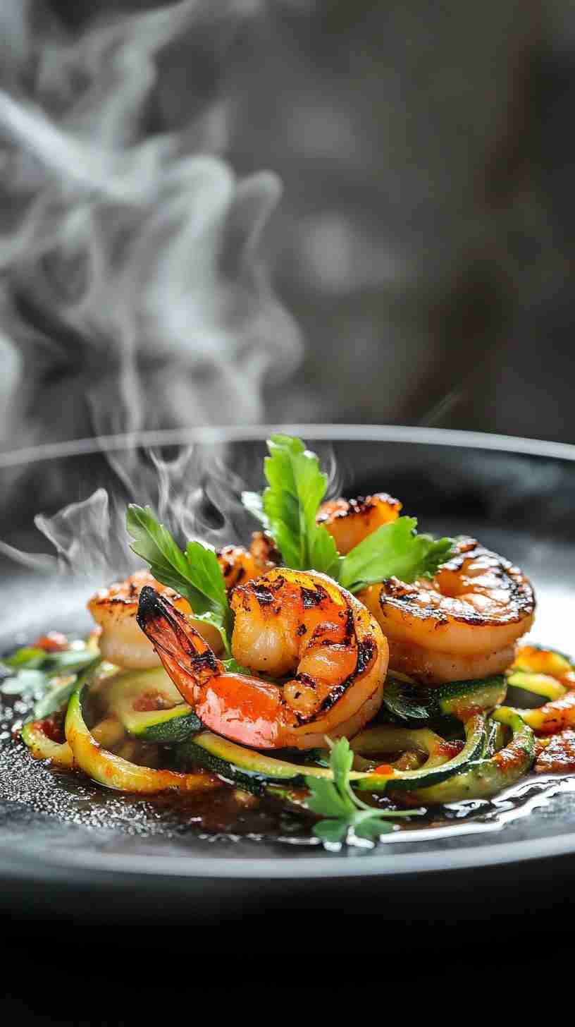 Spicy Zucchini Noodles with Grilled Shrimp