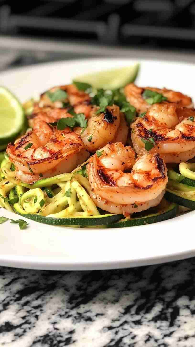 Spicy Zucchini Noodles with Grilled Shrimp