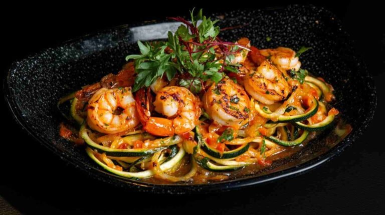 Spicy Zucchini Noodles with Grilled Shrimp