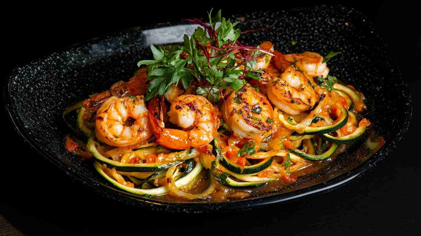 Spicy Zucchini Noodles with Grilled Shrimp