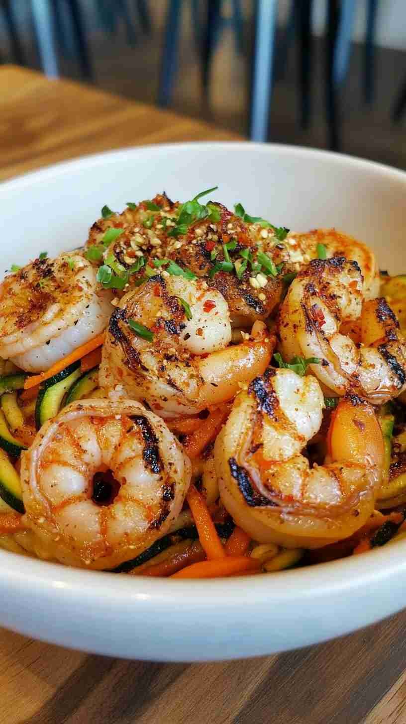 Spicy Zucchini Noodles with Grilled Shrimp