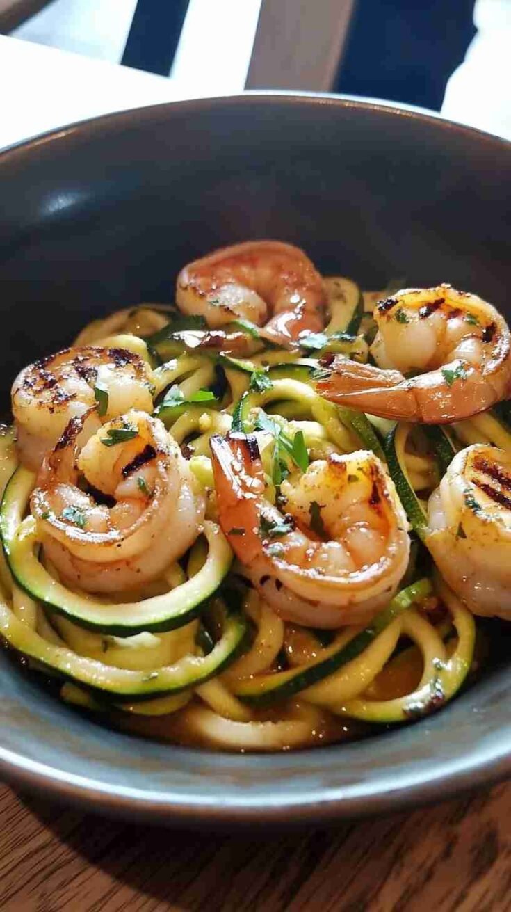 Spicy Zucchini Noodles with Grilled Shrimp