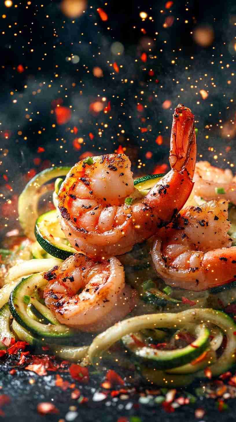 Spicy Zucchini Noodles with Grilled Shrimp
