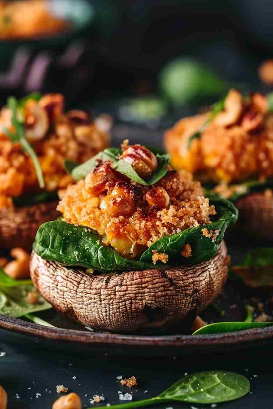 Vegan Stuffed Mushrooms with Spinach & Cashews