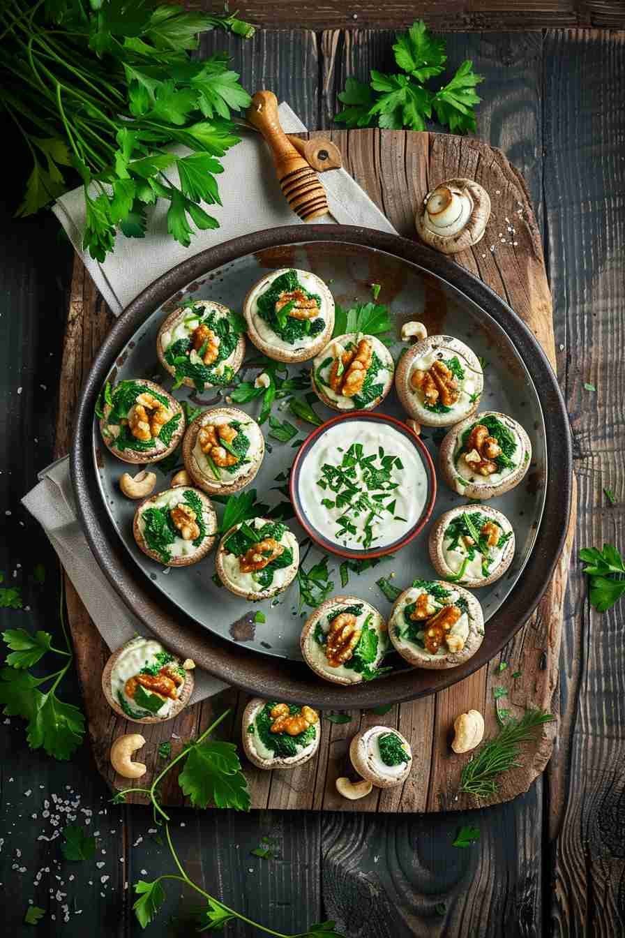 Vegan Stuffed Mushrooms with Spinach & Cashews