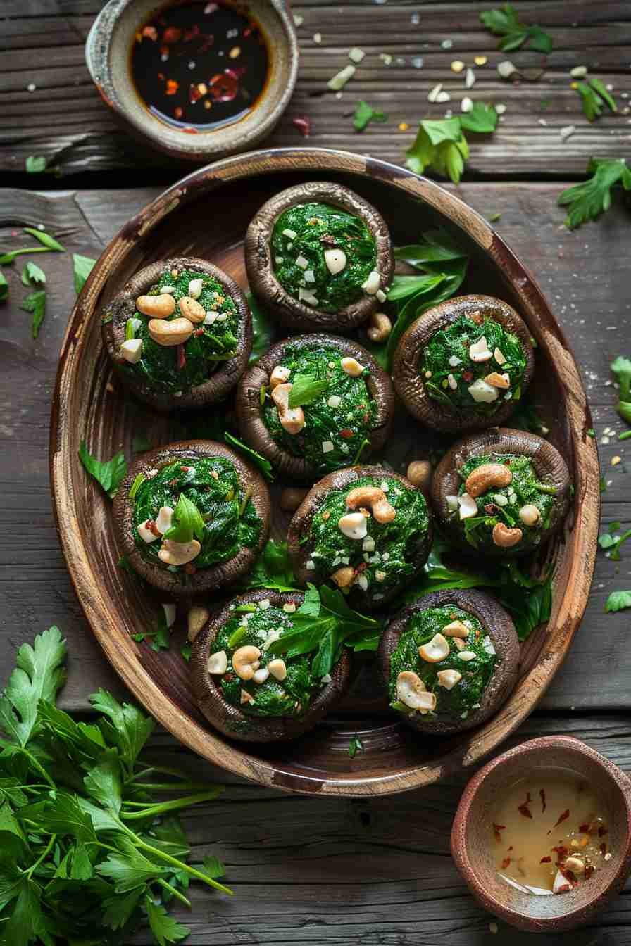 Vegan Stuffed Mushrooms with Spinach & Cashews