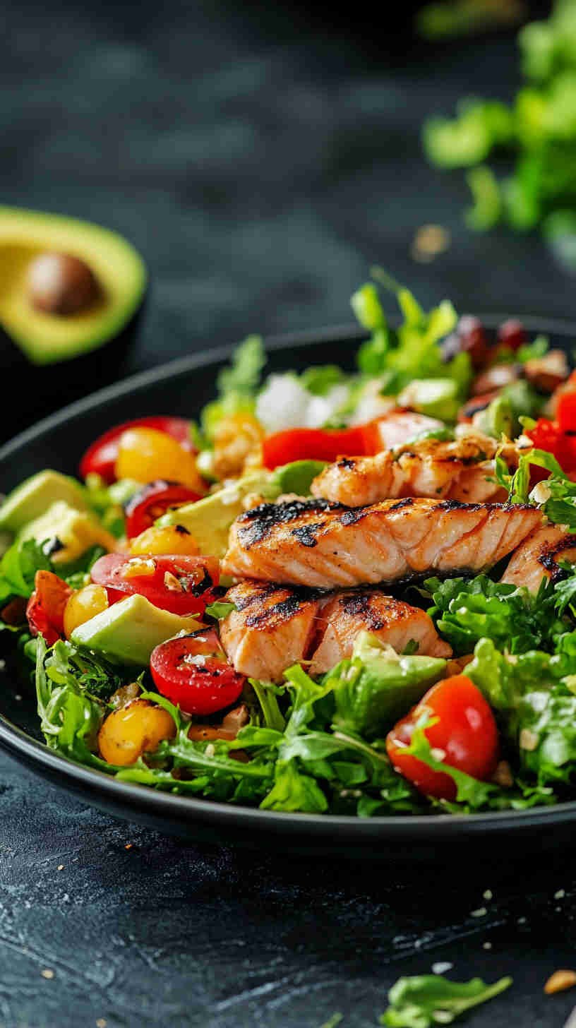 Fueling Salad with Grilled Salmon and Avocado