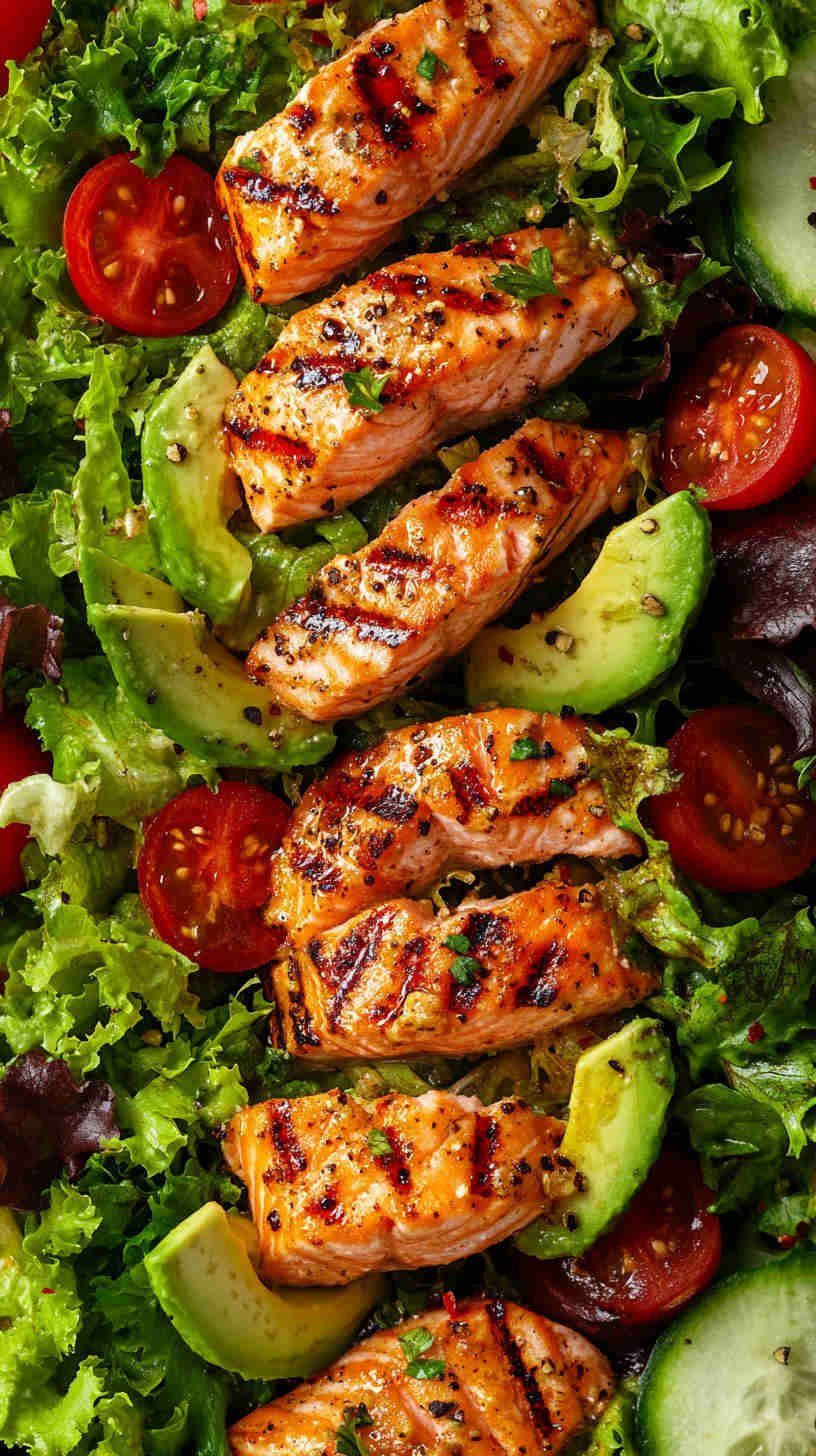 Fueling Salad with Grilled Salmon and Avocado