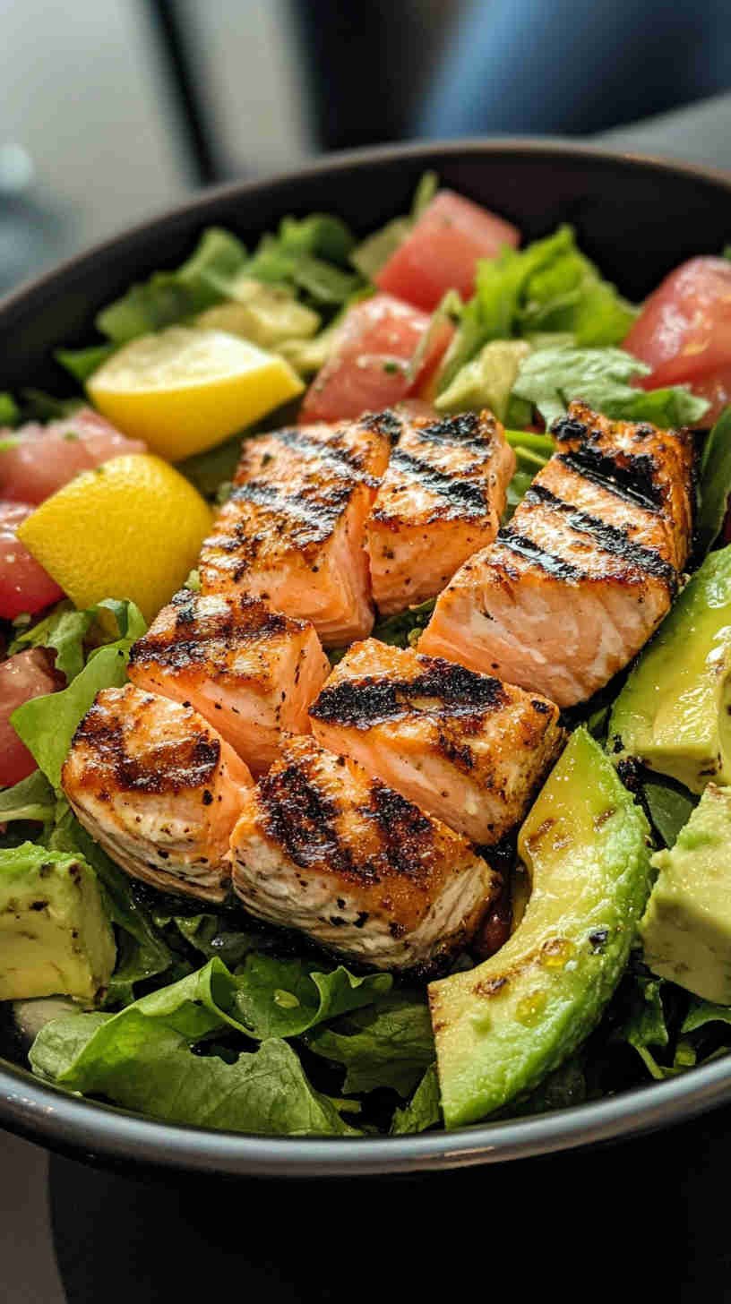 Fueling Salad with Grilled Salmon and Avocado