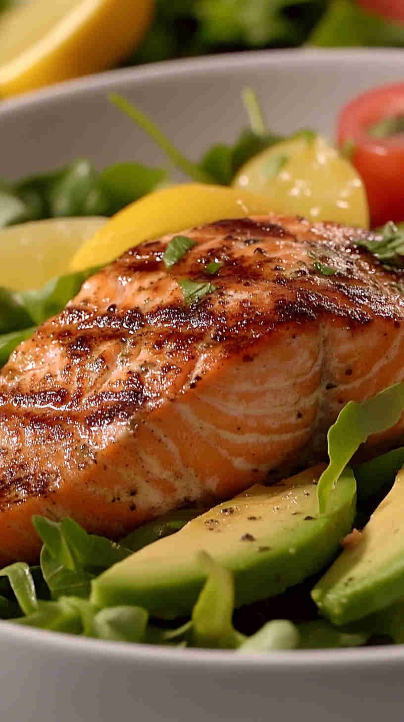 Fueling Salad with Grilled Salmon and Avocado