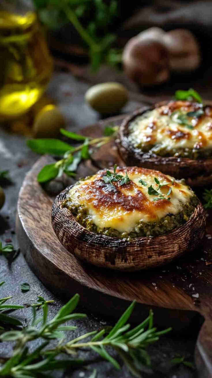 Baked Stuffed Portobello Mushrooms with Pesto and Mozzarella
