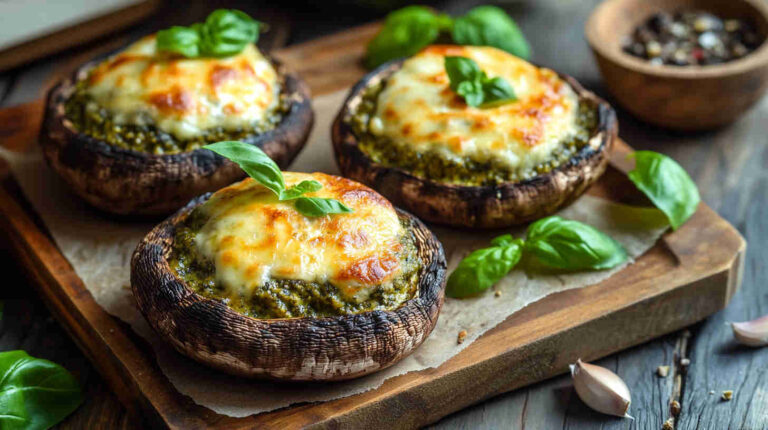 Baked Stuffed Portobello Mushrooms with Pesto and Mozzarella