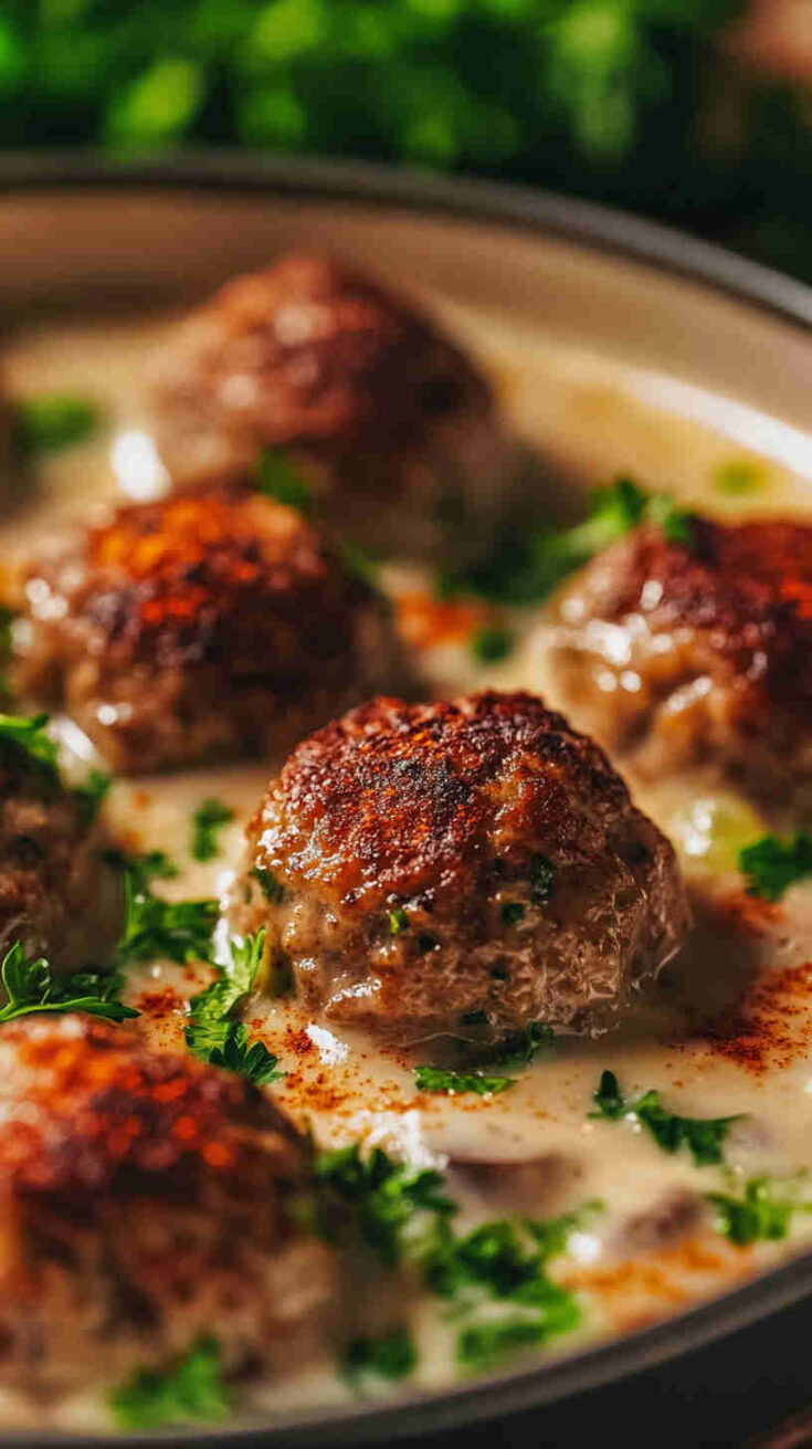 Beef and Mushroom Meatballs in Creamy Sauce