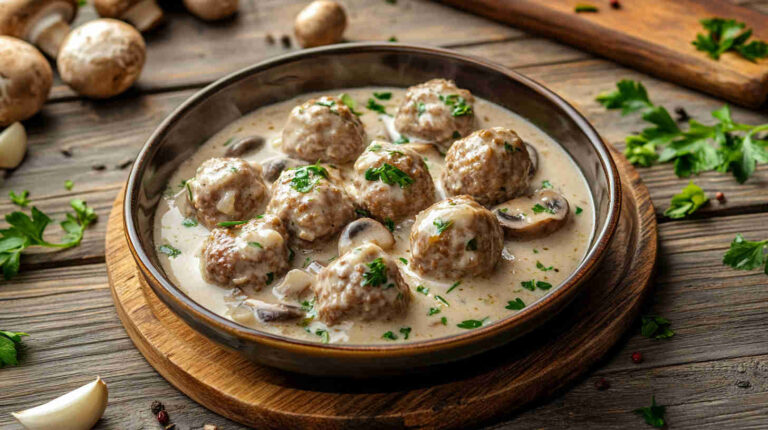 Beef and Mushroom Meatballs in Creamy Sauce