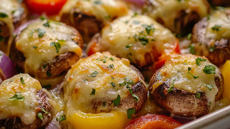 Cheesy Baked Mushrooms with Onion and Bell Pepper