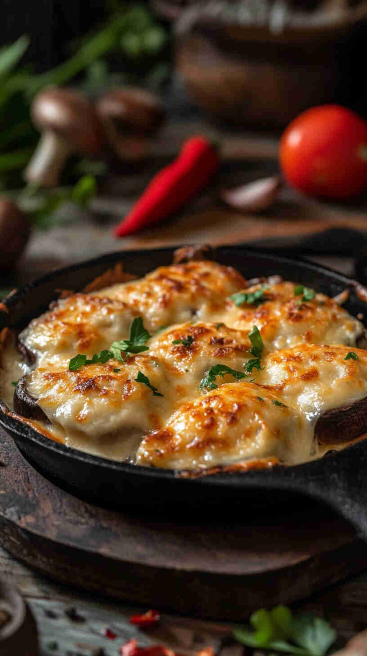 Cheesy Baked Mushrooms with Onion and Bell Pepper