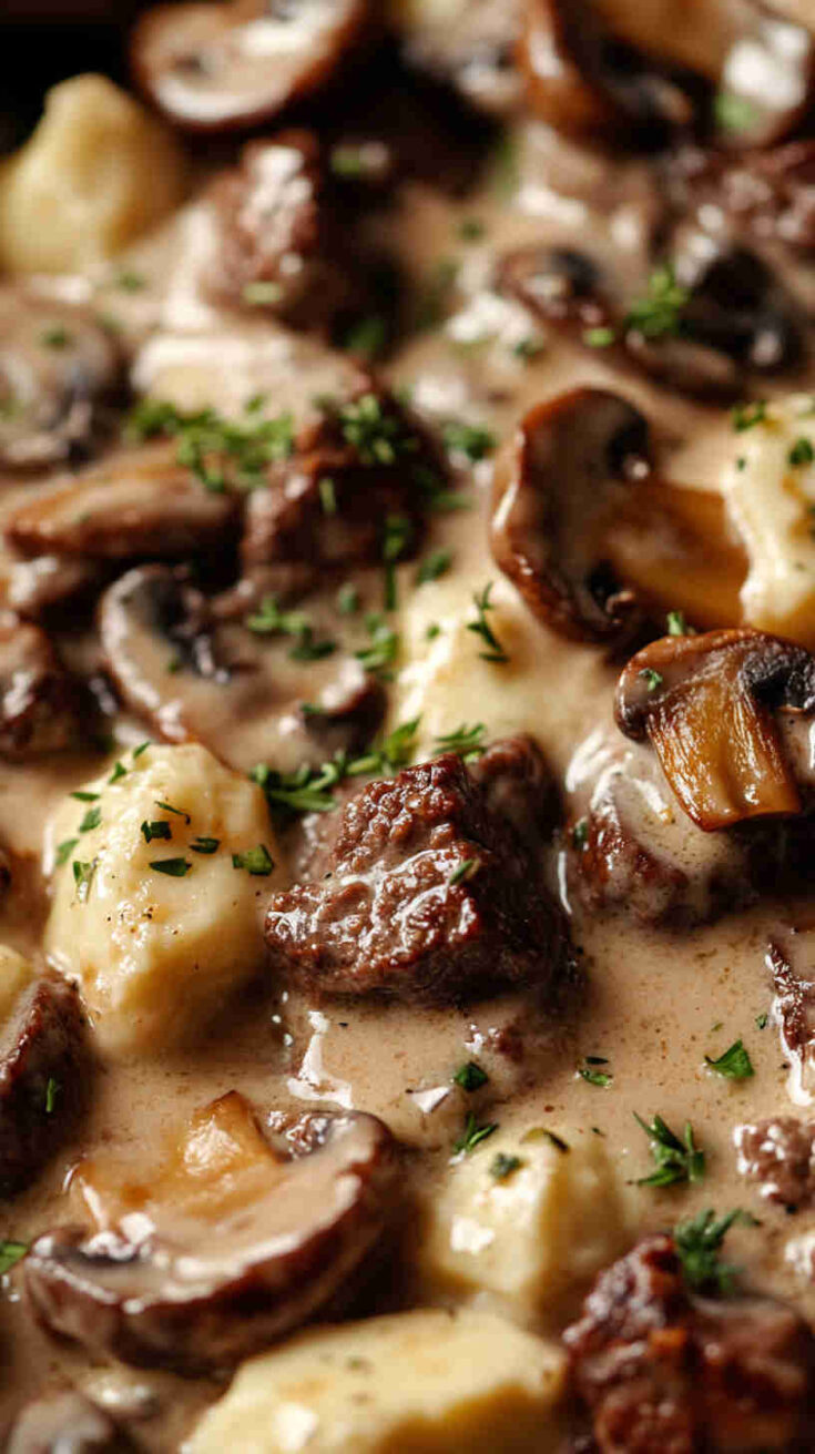 Creamy Garlic Beef and Mushroom Bake
