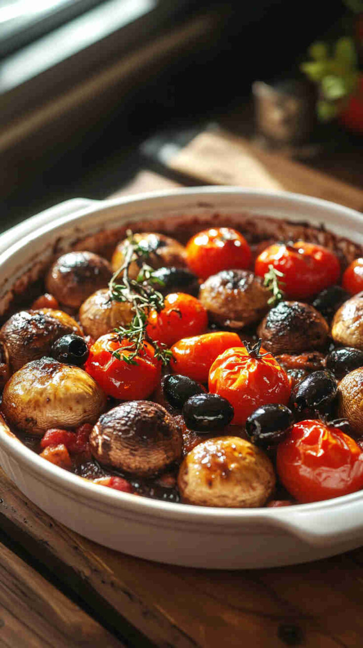 Mediterranean Baked Mushrooms with Tomatoes and Olives