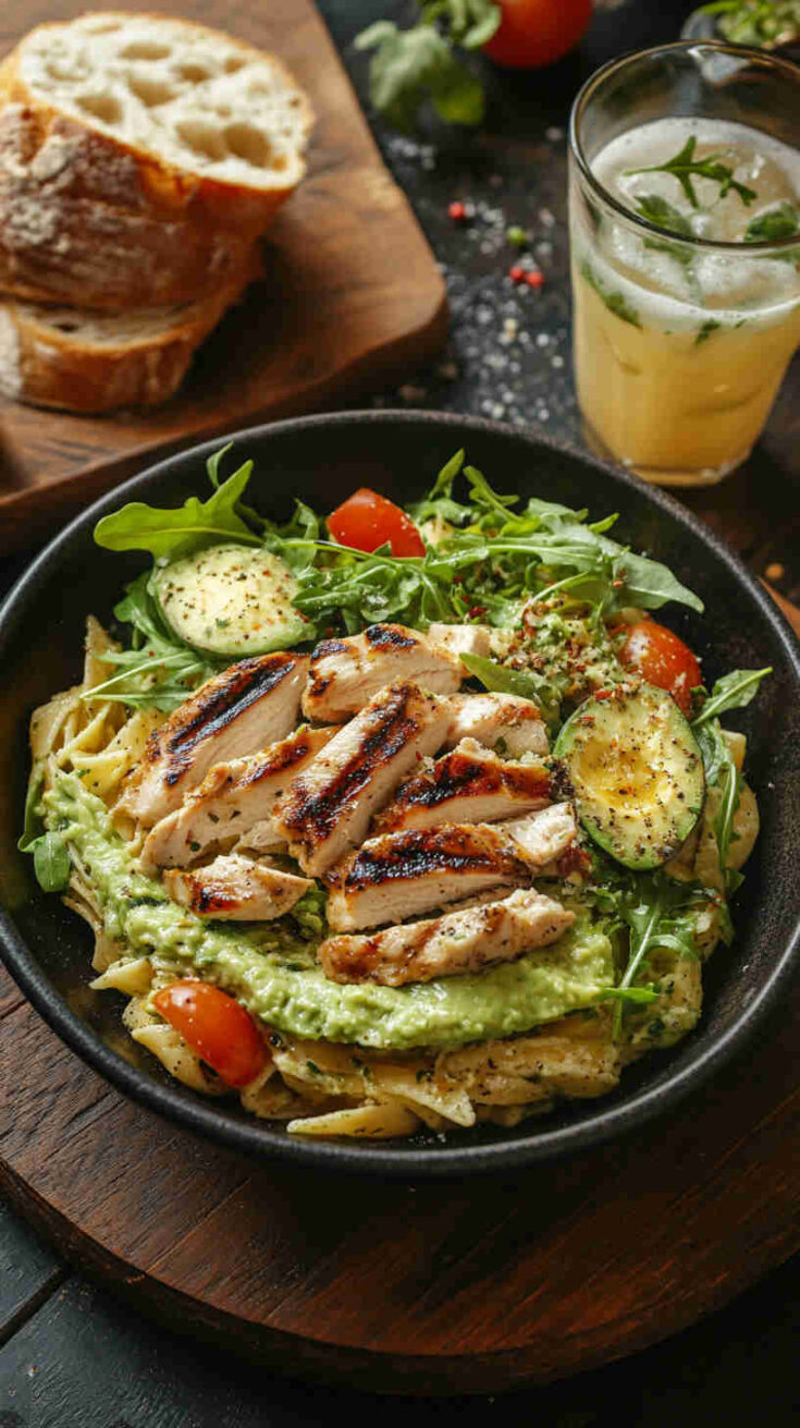 Avocado Pasta with Grilled Chicken and Arugula
