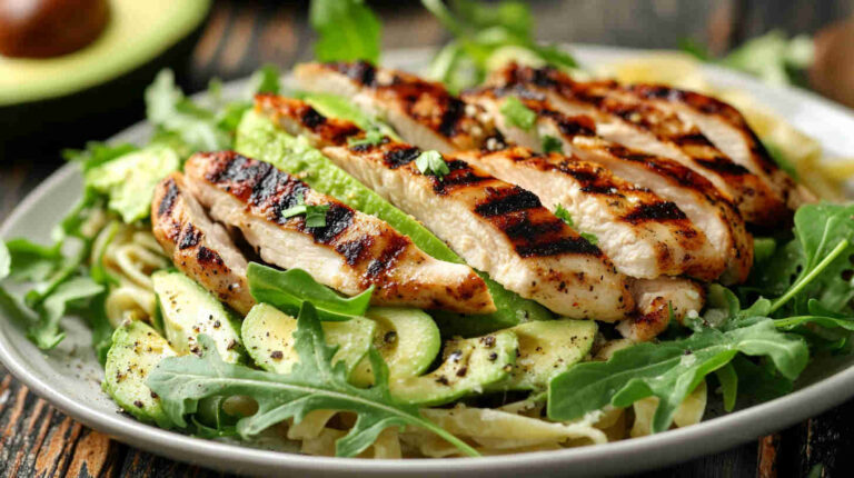 Avocado Pasta with Grilled Chicken and Arugula