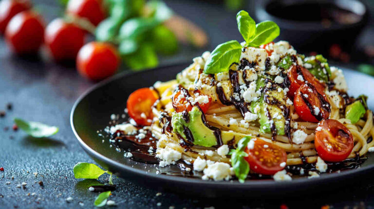 Avocado and Feta Pasta with Balsamic Glaze