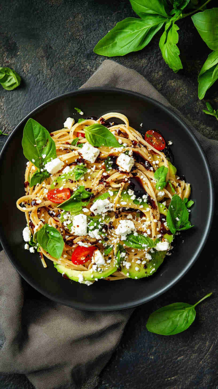 Avocado and Feta Pasta with Balsamic Glaze