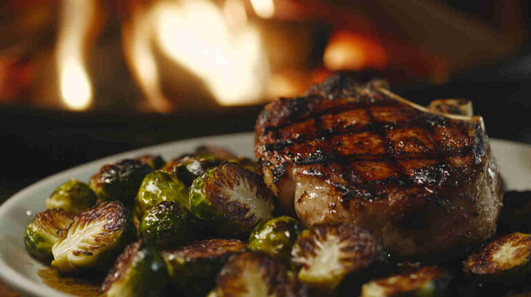 Grilled Pork Chop with Roasted Brussels Sprouts