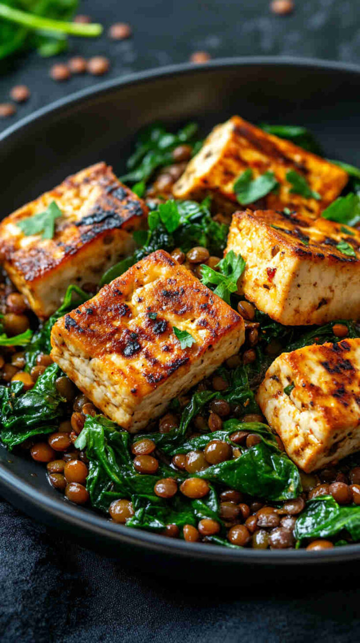 Grilled Tofu with Spinach and Lentils
