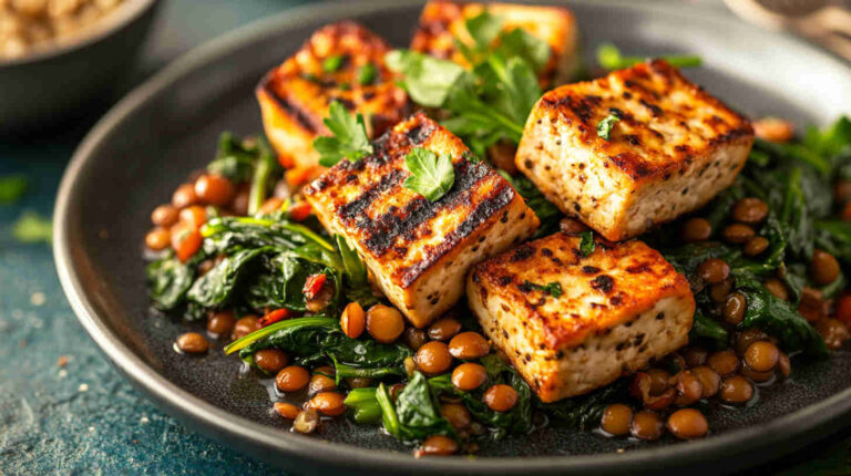 Grilled Tofu with Spinach and Lentils