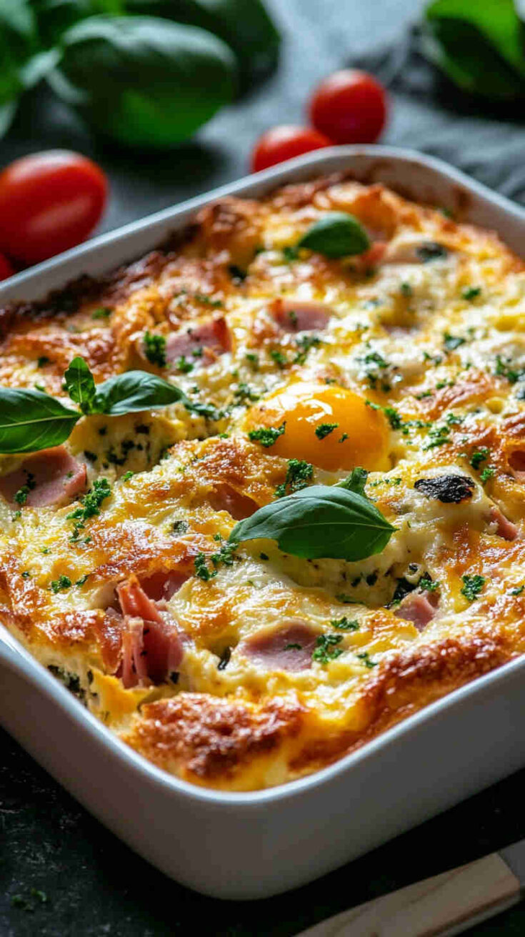 Italian Brunch Strata with Eggs, Ham, and Vegetables Recipe