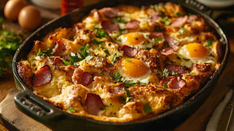 Italian Brunch Strata with Eggs, Ham, and Vegetables Recipe