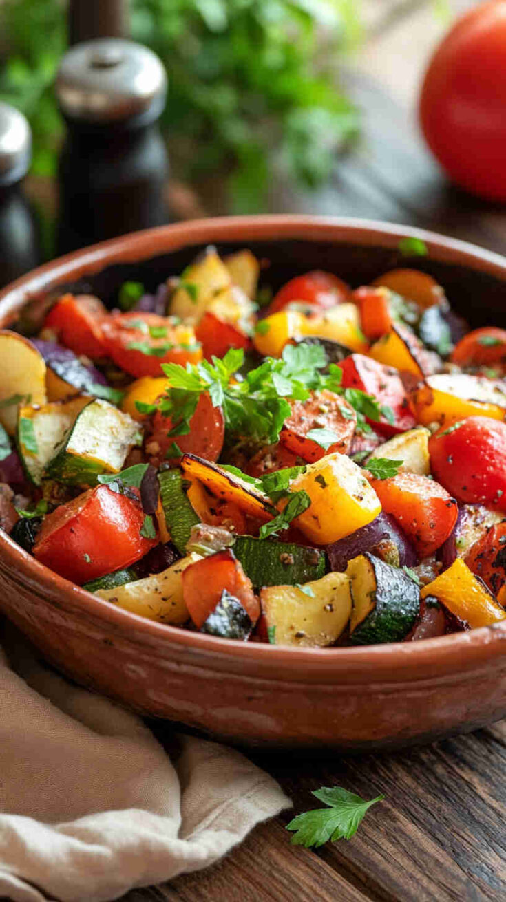 Italian ratatouille with fresh herbs colorful vegetables rust
