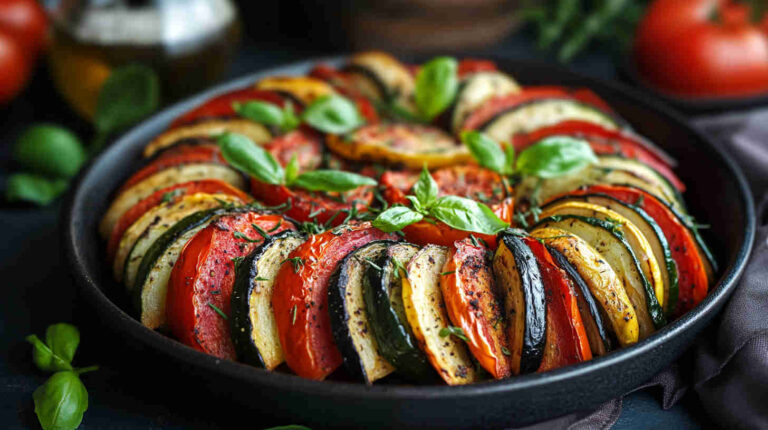 Italian ratatouille with fresh herbs colorful vegetables rust