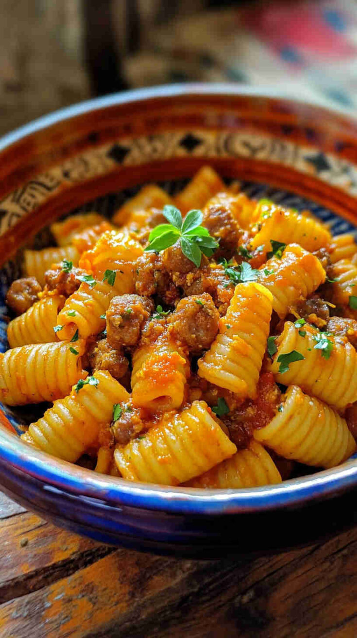 Malloreddus pasta with saffron tomato sauce and sausage