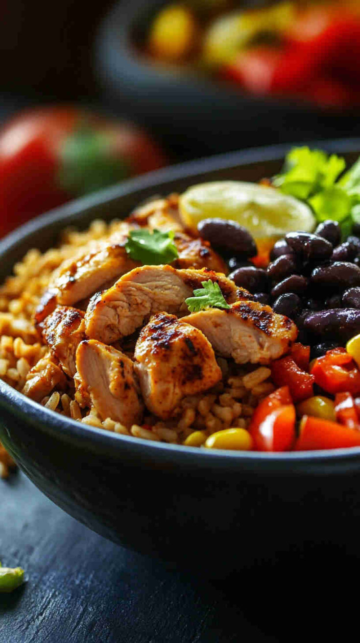 Spicy Chicken Burrito Bowl with Brown Rice and Beans