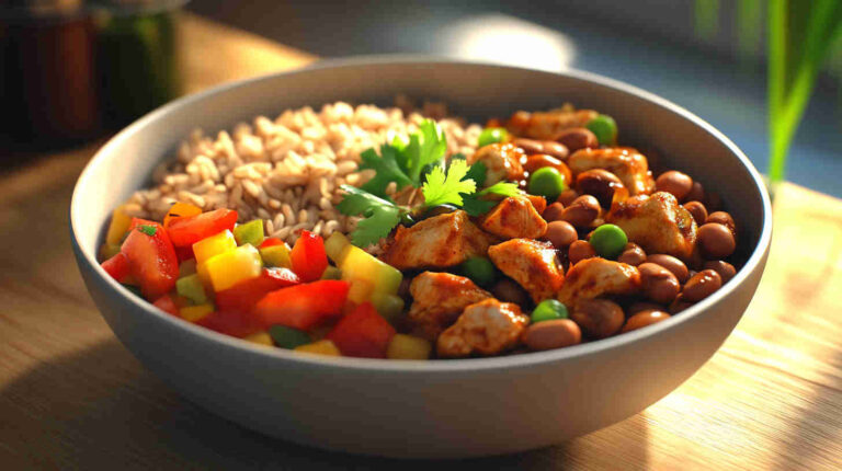 Spicy Chicken Burrito Bowl with Brown Rice and Beans