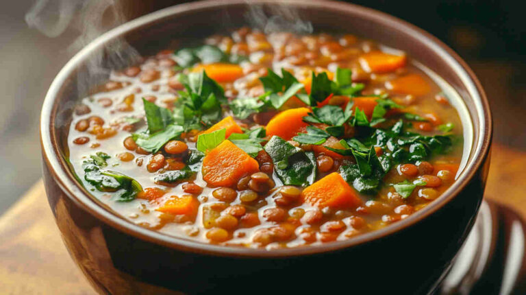 Hearty Lentil Soup with Carrots and Spinach