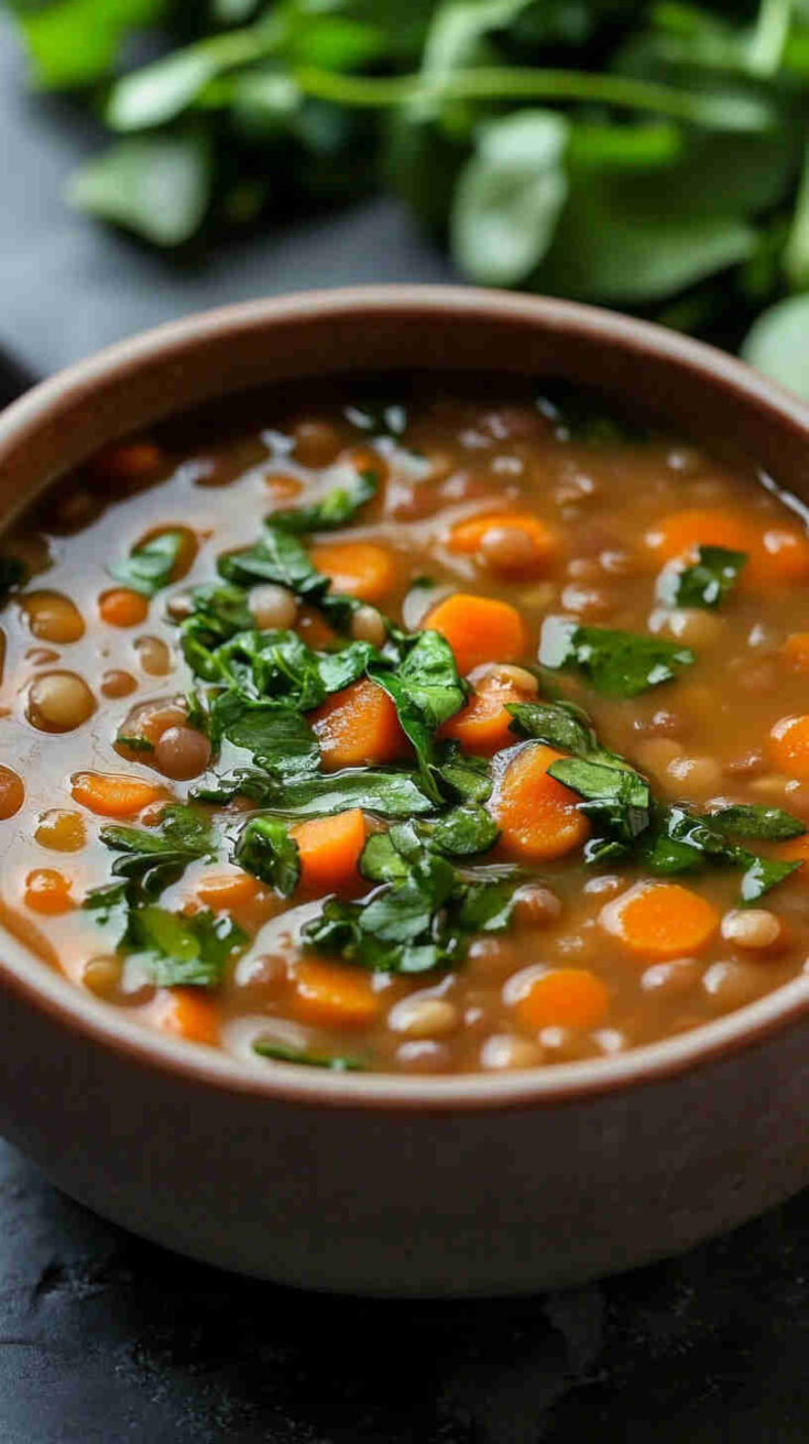 Hearty Lentil Soup with Carrots and Spinach